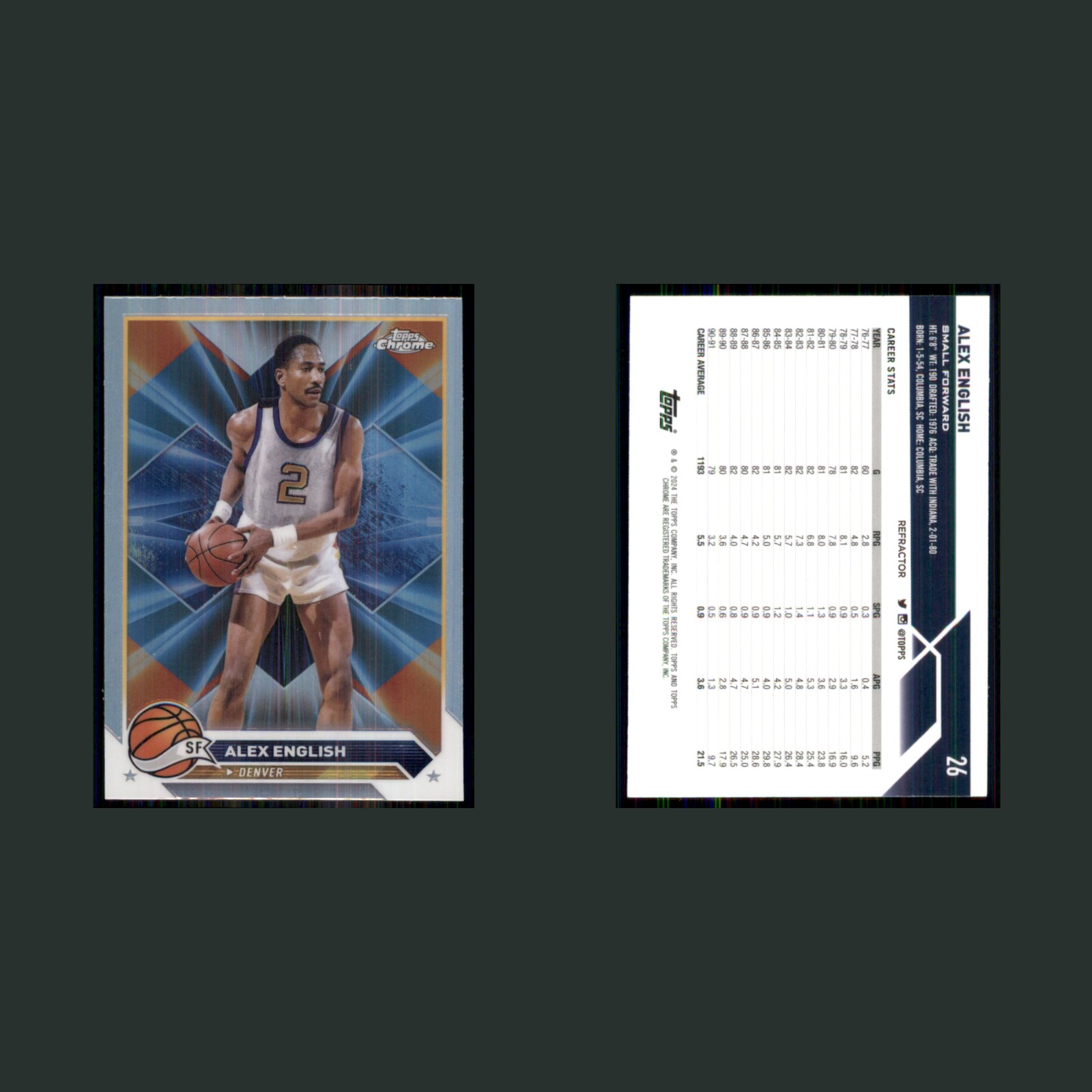 Alex English #26 2024-25 Topps Chrome Refractor Denver Nuggets Basketball Card front and back scans. Card condition is Near Mint.