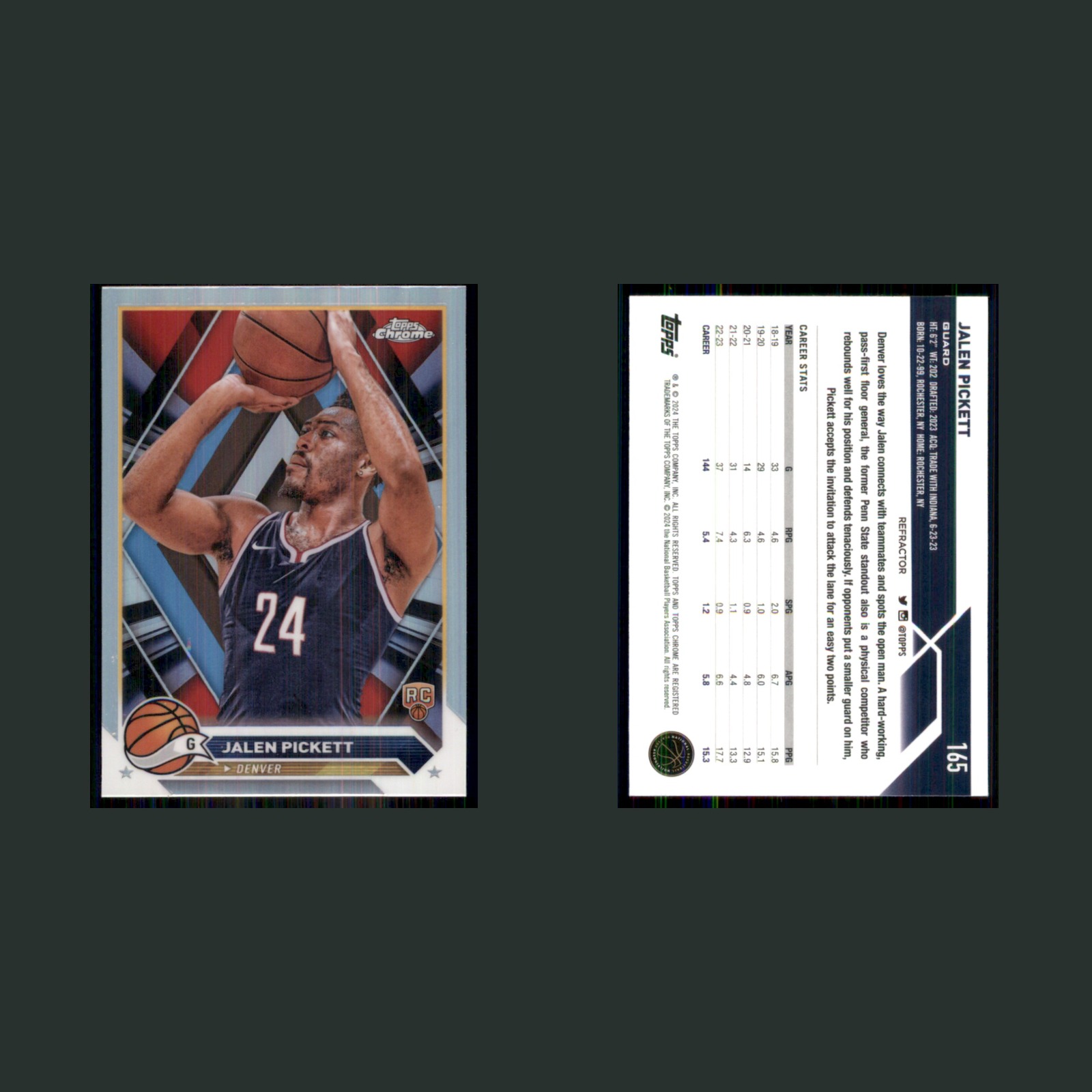 Jalen Pickett Rookie #165 2022-23 Topps Chrome Refractor Denver Nuggets Card NBA front and back scans. Card condition is Near Mint.