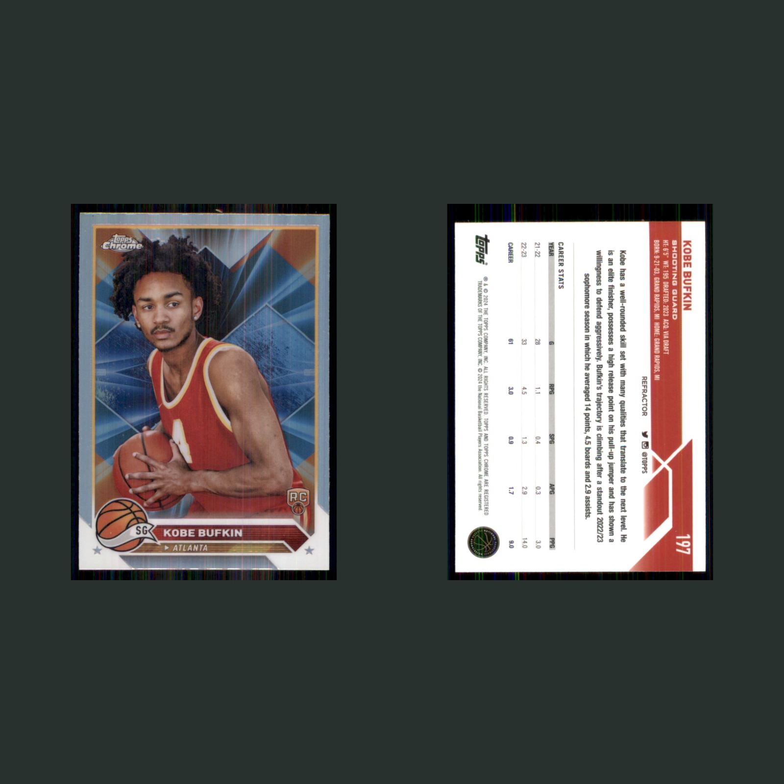 Kobe Bufkin Rookie #197 2024-25 Topps Chrome Refractor Atlanta Hawks Basketball front and back scans. Card condition is Near Mint.