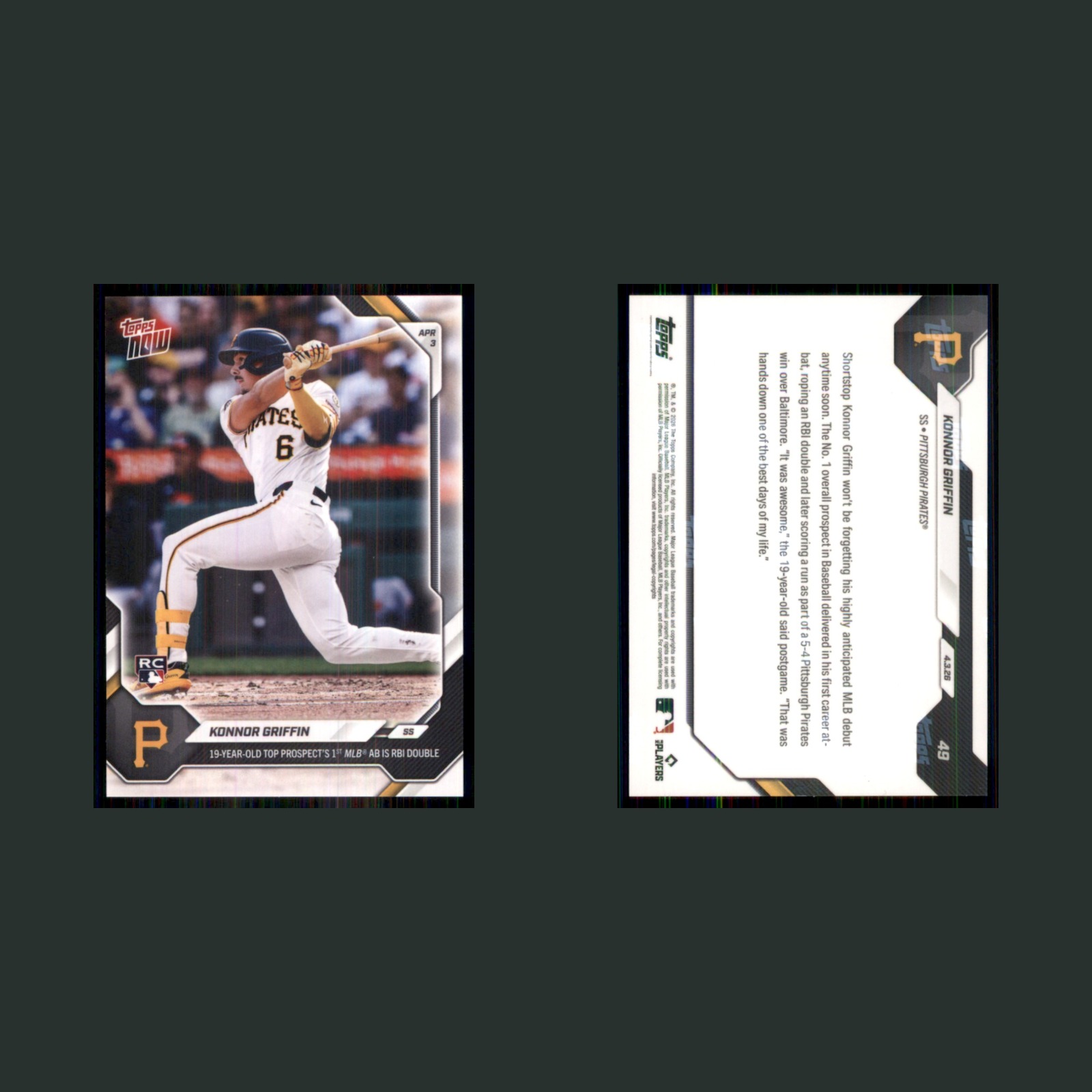 Konnor Griffin Rookie #49 2023 Topps Now Pittsburgh Pirates Baseball Card MLB front and back scans. Card condition is Near Mint.