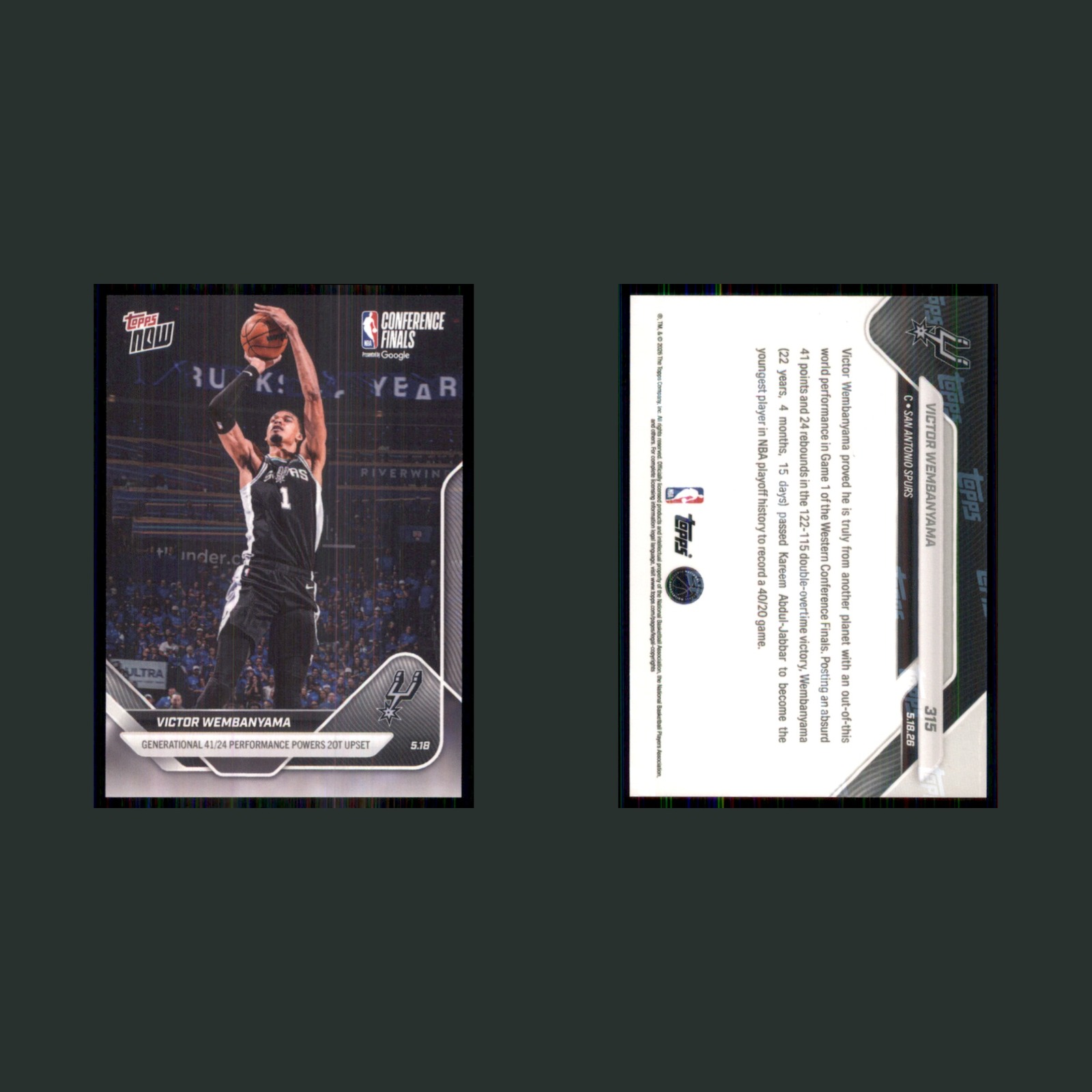 Victor Wembanyama #315 Wemby 2025-26 Topps Now San Antonio Spurs Basketball Card front and back scans. Card condition is Near Mint.