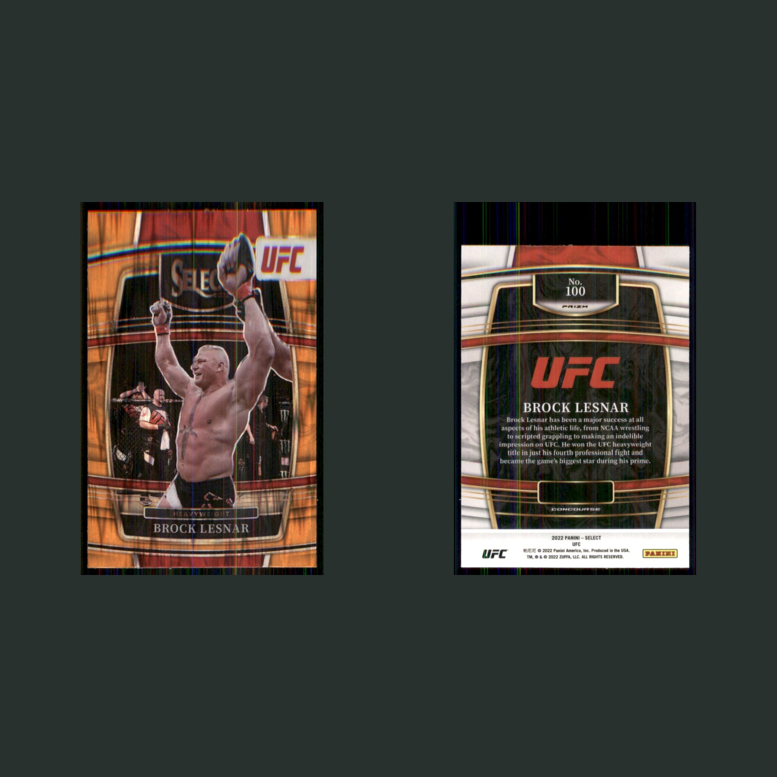 Brock Lesnar #100 2022 Panini Select Orange Shock Prizm MMA Card front and back scans. Card condition is Near Mint.