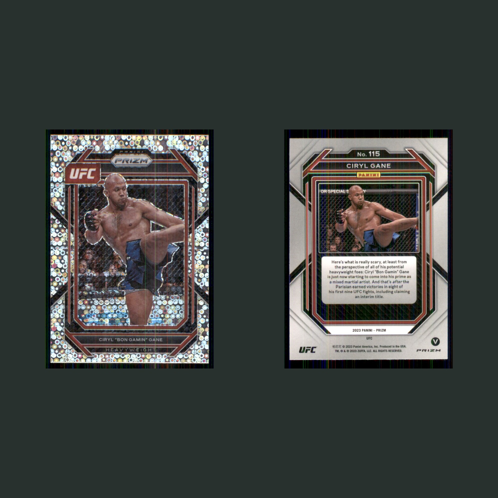 Ciryl Gane #115 2023 Panini Prizm Silver Disco MMA Card front and back scans. Card condition is Near Mint.